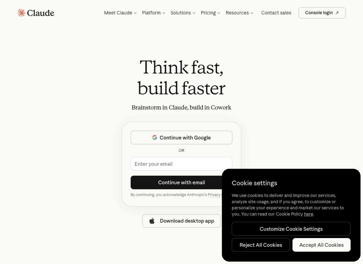 Claude by Anthropic homepage showing the tagline Think fast, build faster, Brainstorm in Claude, build in Cowork
