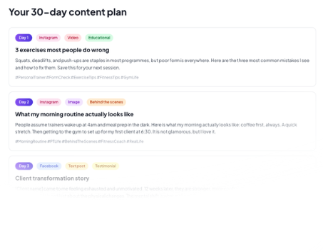 Preview of a 30-day social media content calendar showing daily post ideas with captions and hashtags